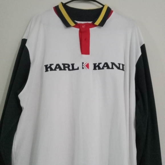 White & blue with red and yellow trim l/s Karl Kani polo - Picture 2 of 3